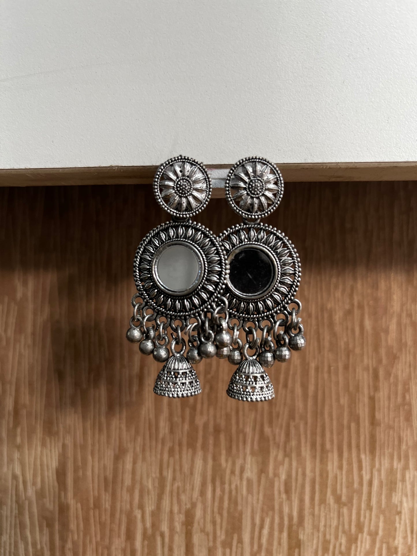 Dual Tone Oxidised Jhumka Drop Earrings