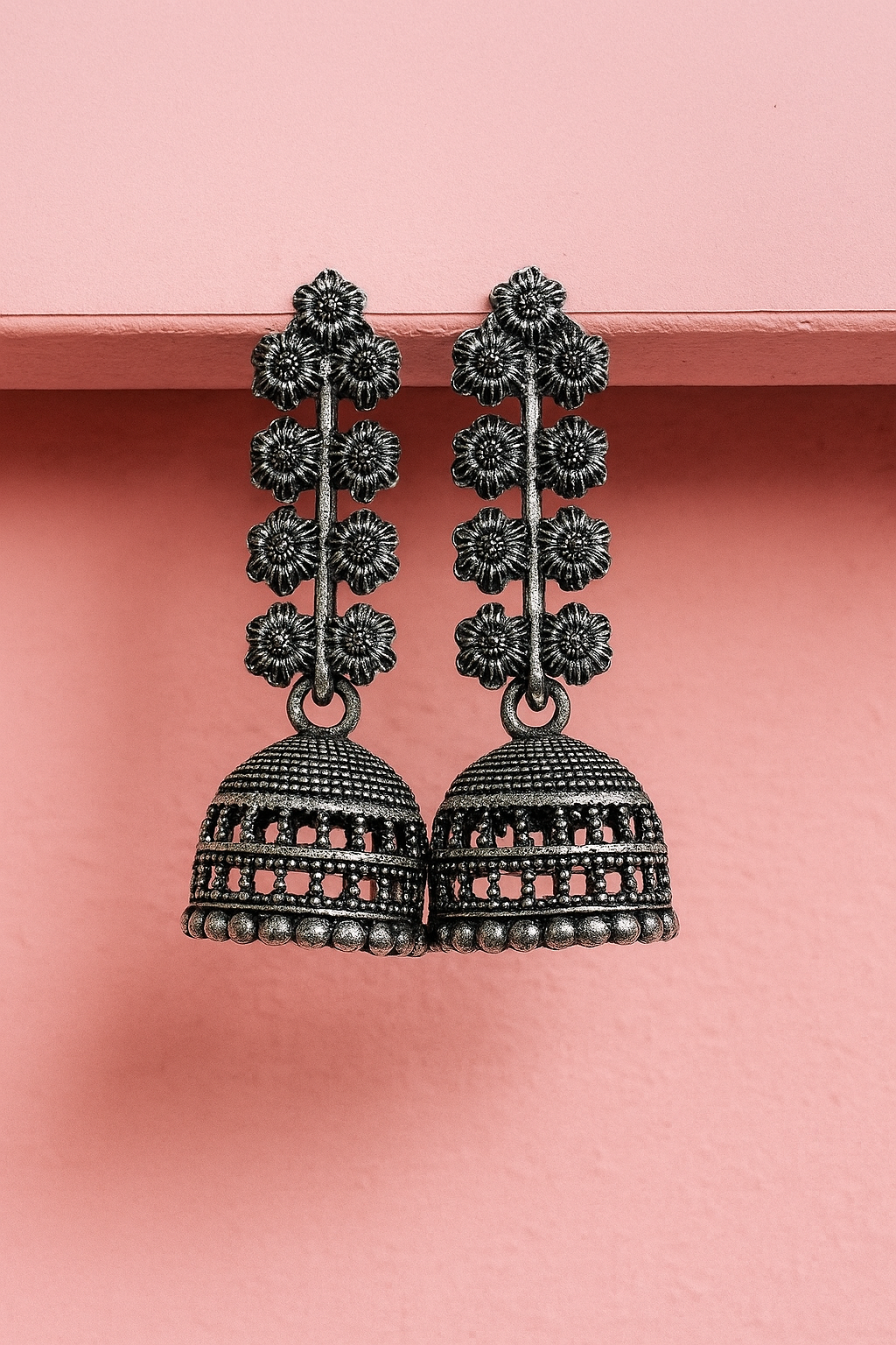 Oxidised Silver Long Floral Jhumka Earrings