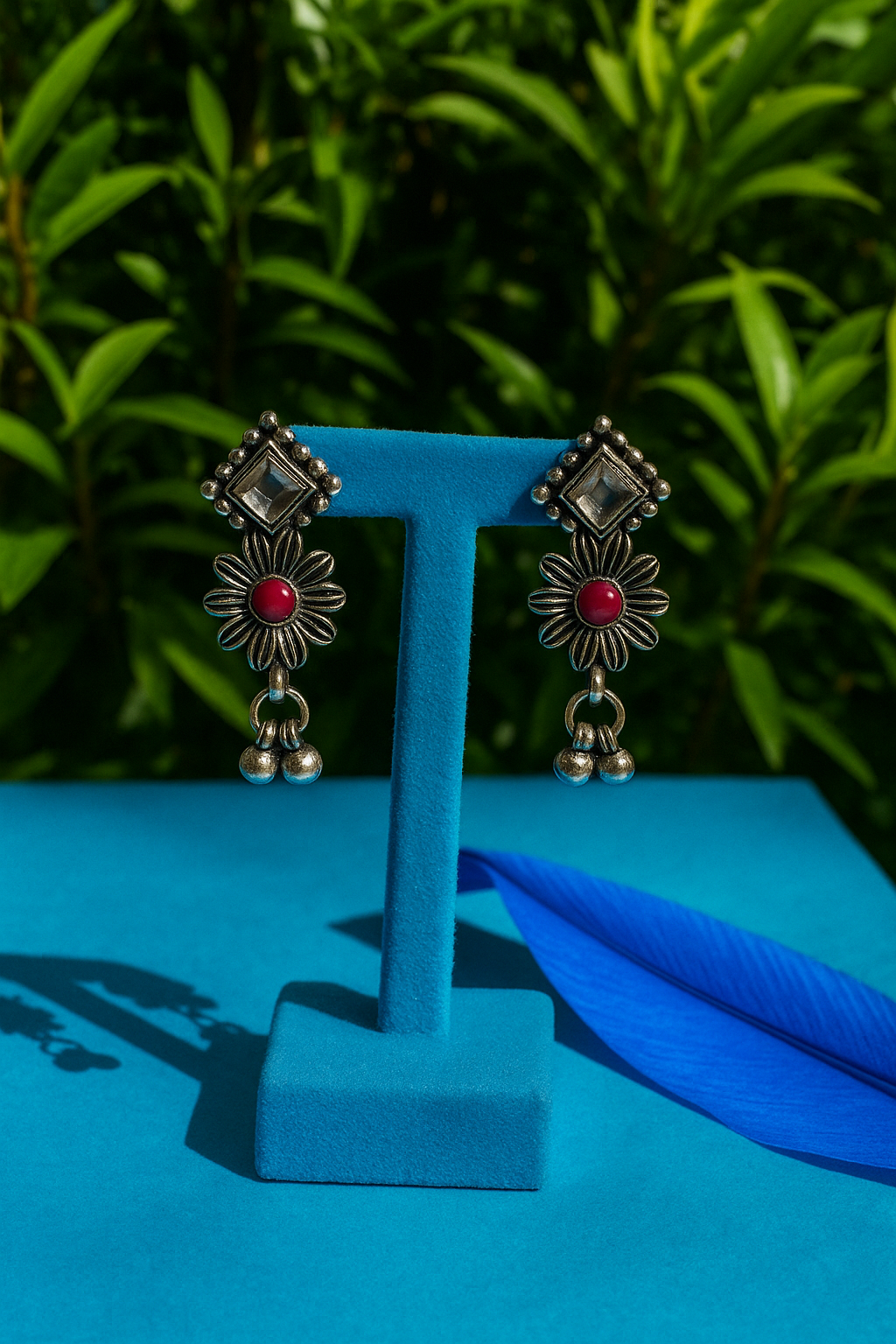 Oxidised Floral Drop Earrings with Red Stone & Ghungroo
