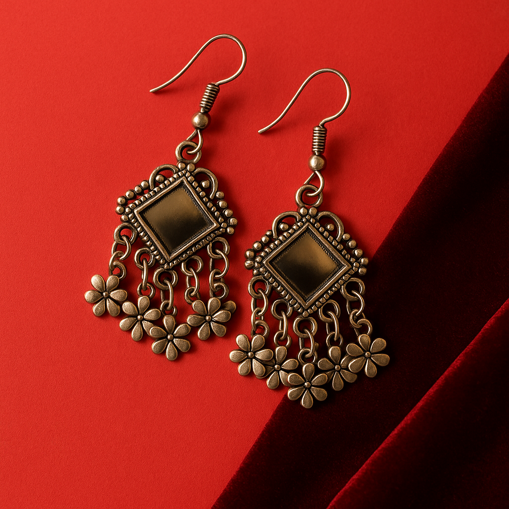 Oxidised Floral Square Drop Earrings