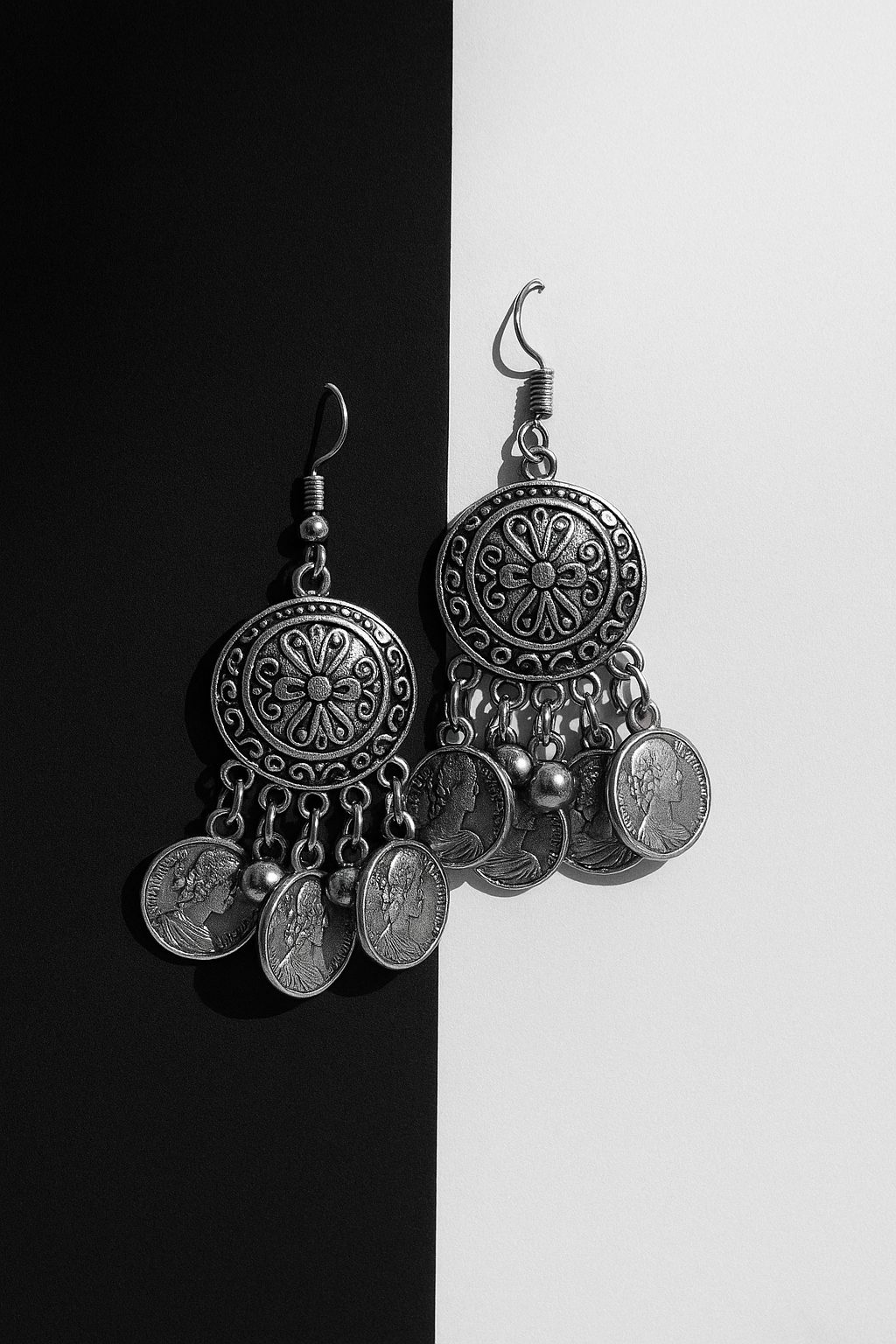 Oxidised Coin Drop Statement Earrings