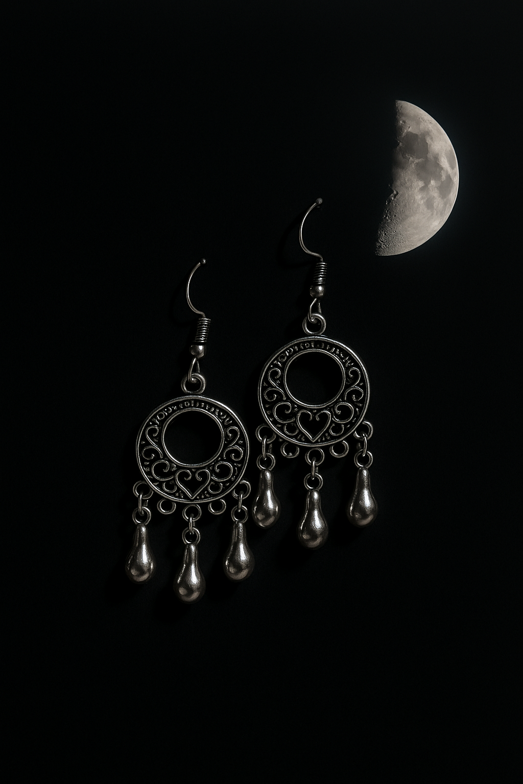 Oxidised Moon Circle Drop Earrings