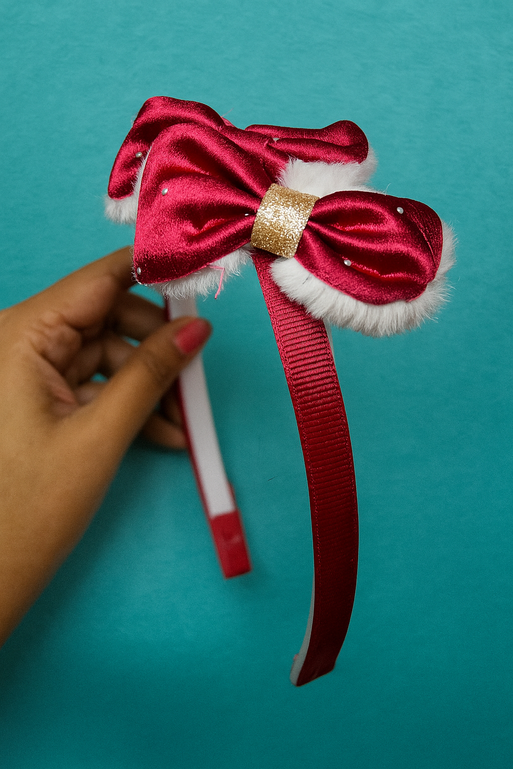 Red Satin Bow Hair Band with Fur Edges & Gold Center | Party Hairband for Girls