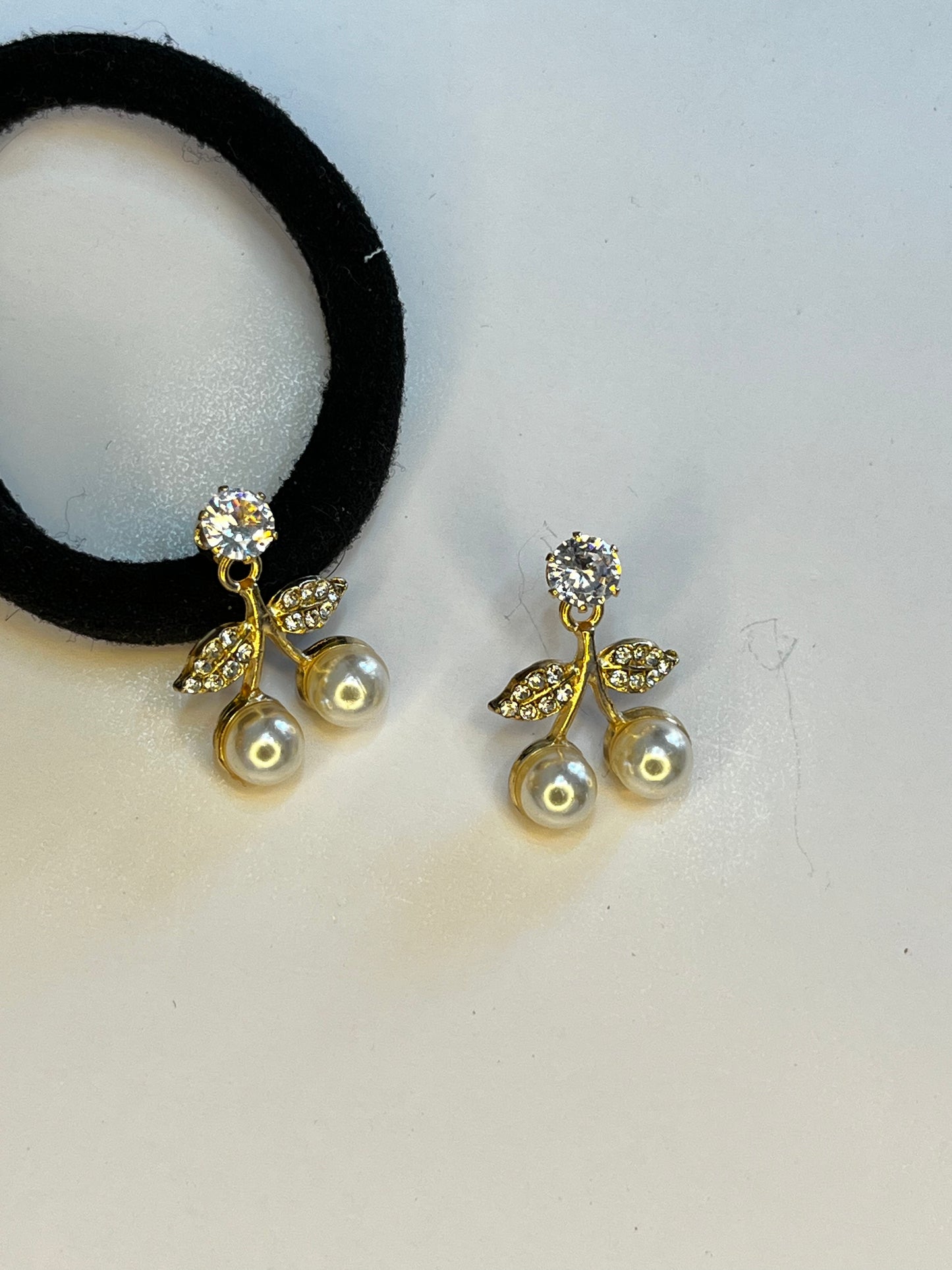 Pearl Cherry Stud Earrings β Crystal Leaf Gold Finish