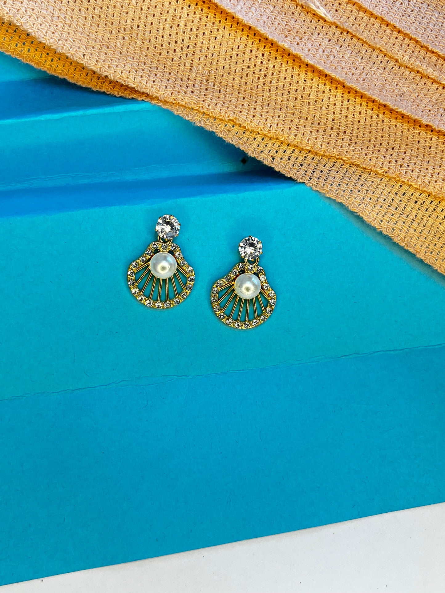 Pearl Fan Drop Earrings – Crystal Stud Gold Finish