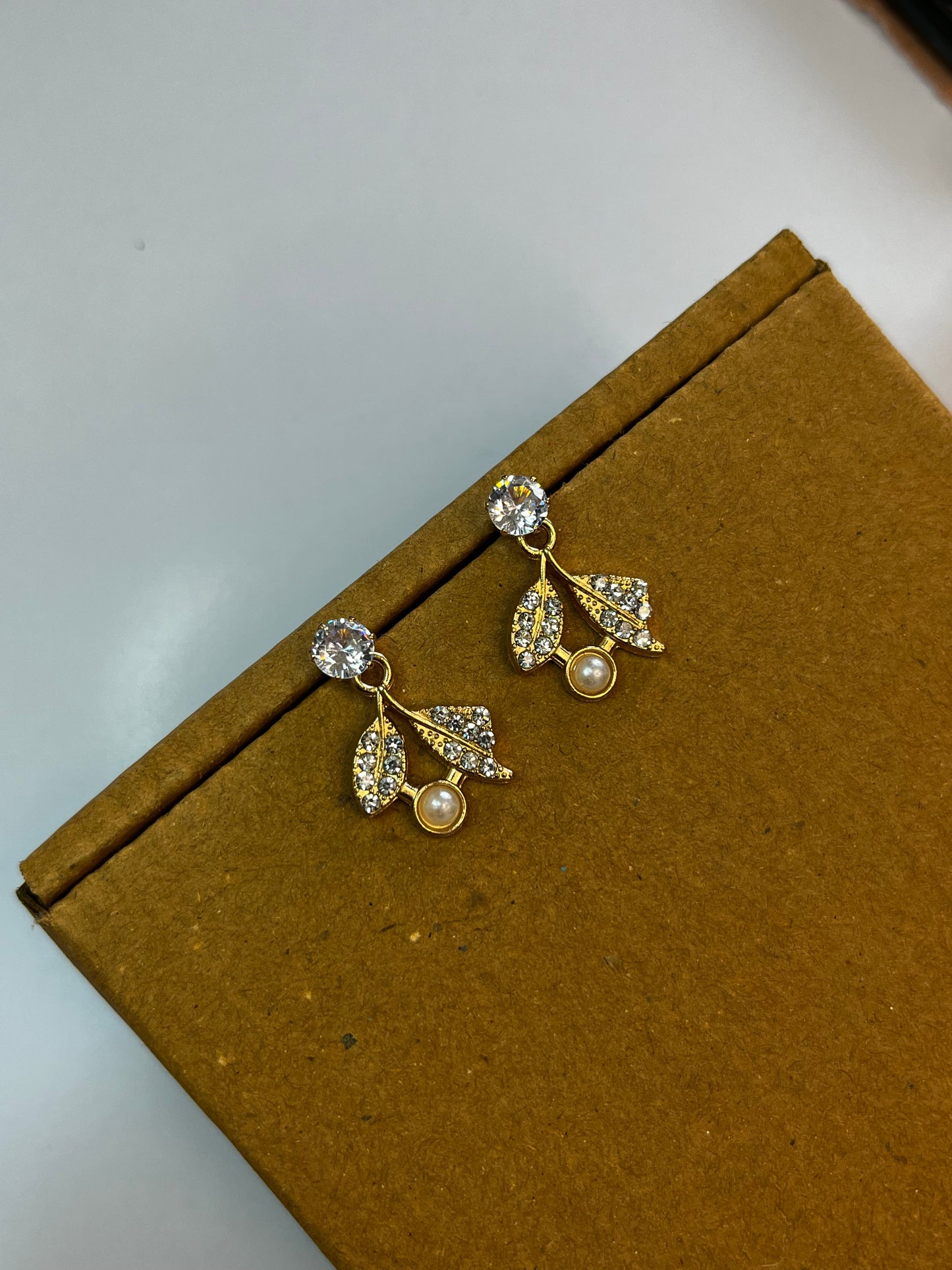 Crystal Leaf Pearl Drop Earrings β Gold Finish