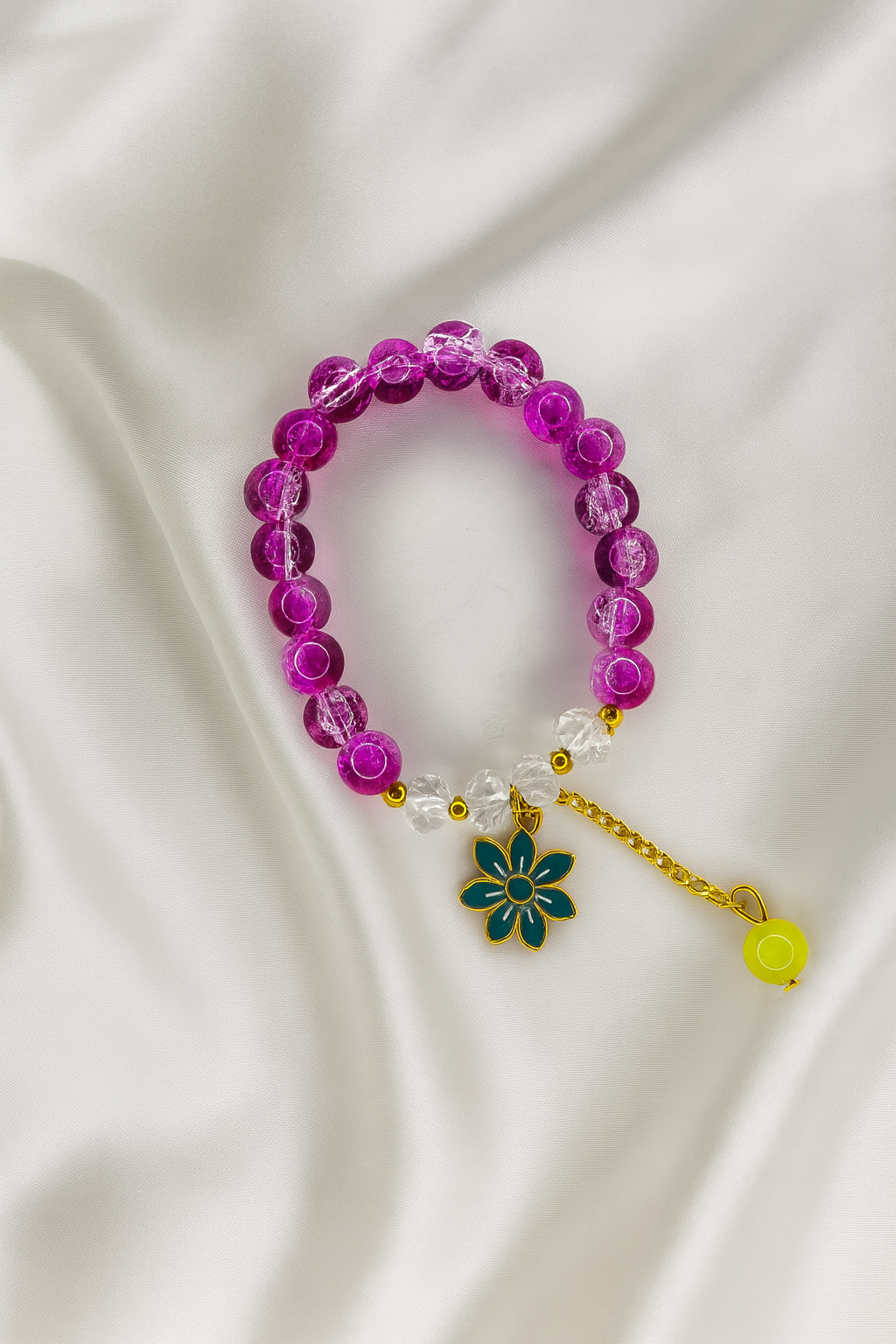 Purple Crystal Beaded Bracelet with Flower Charm | Adjustable Cute Bracelet for Girls