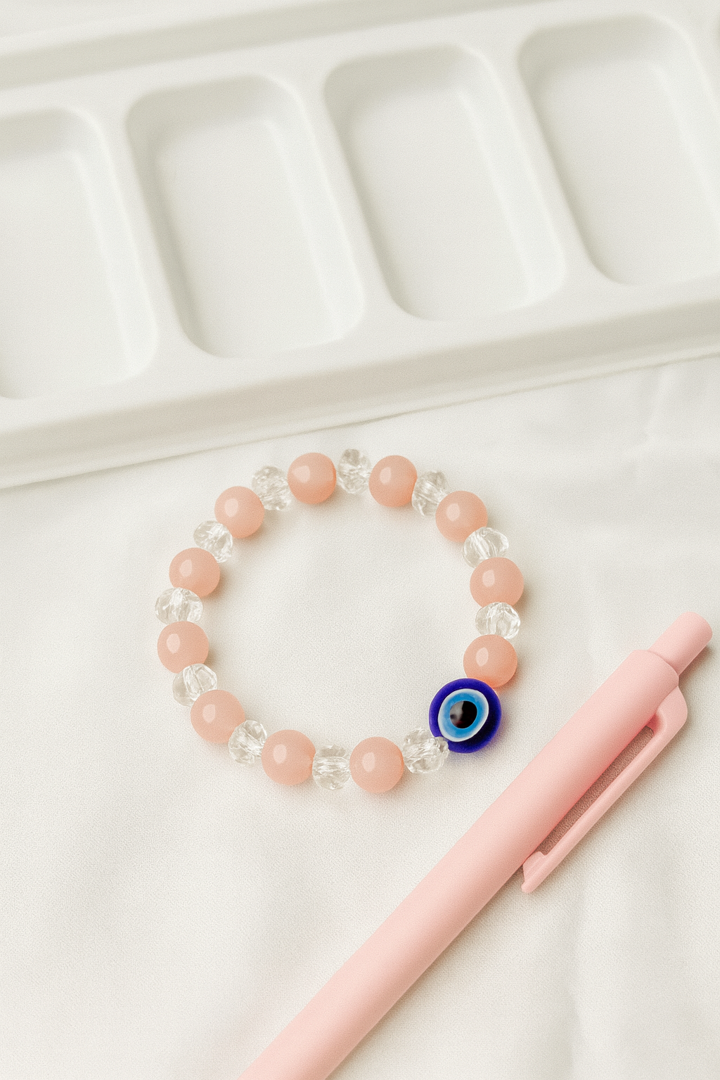 Peach Crystal Beaded Bracelet with Evil Eye Charm | Adjustable Bracelet for Girls