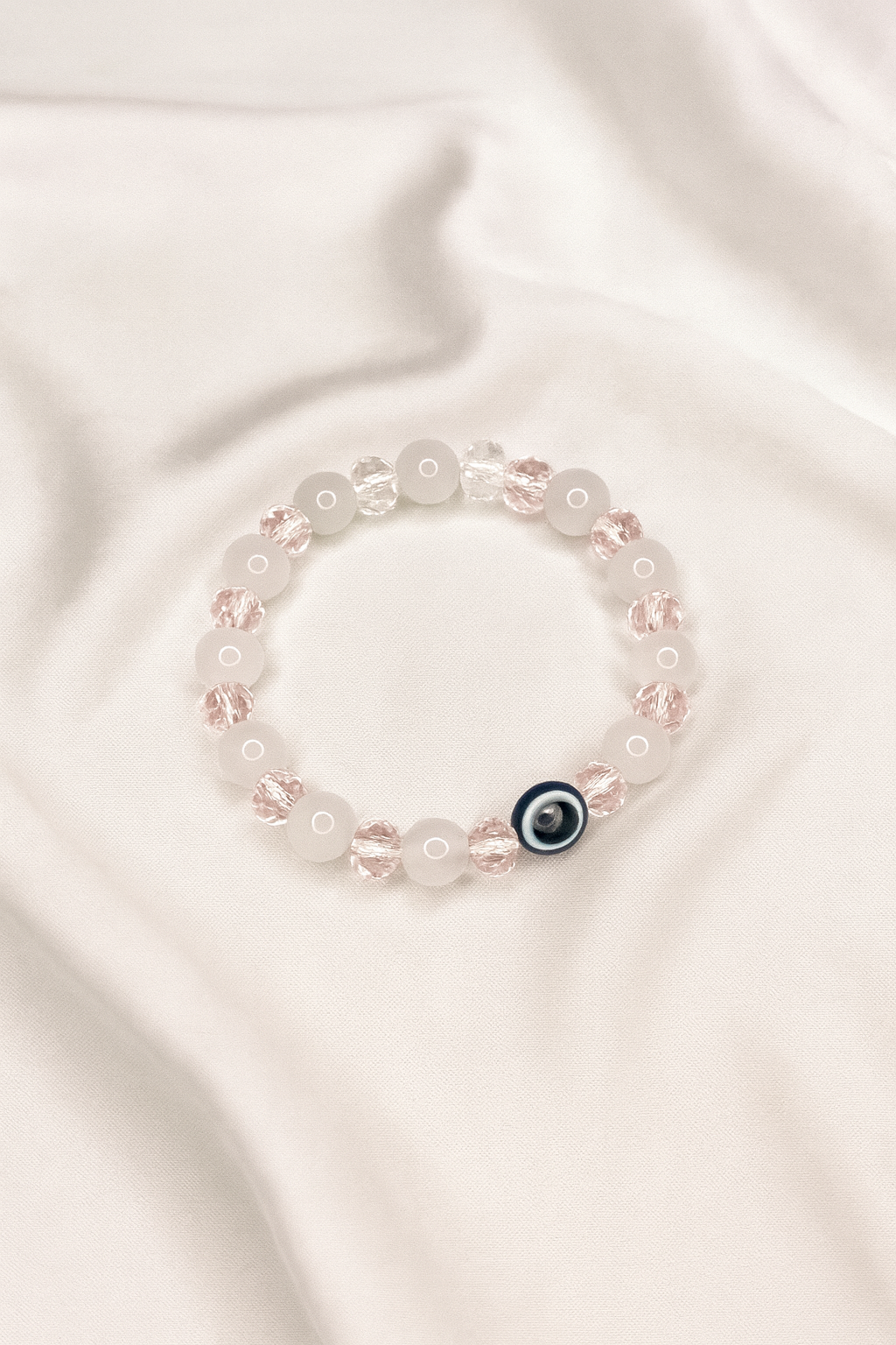 White & Pink Crystal Beaded Bracelet with Evil Eye Charm | Minimal Bracelet for Girls