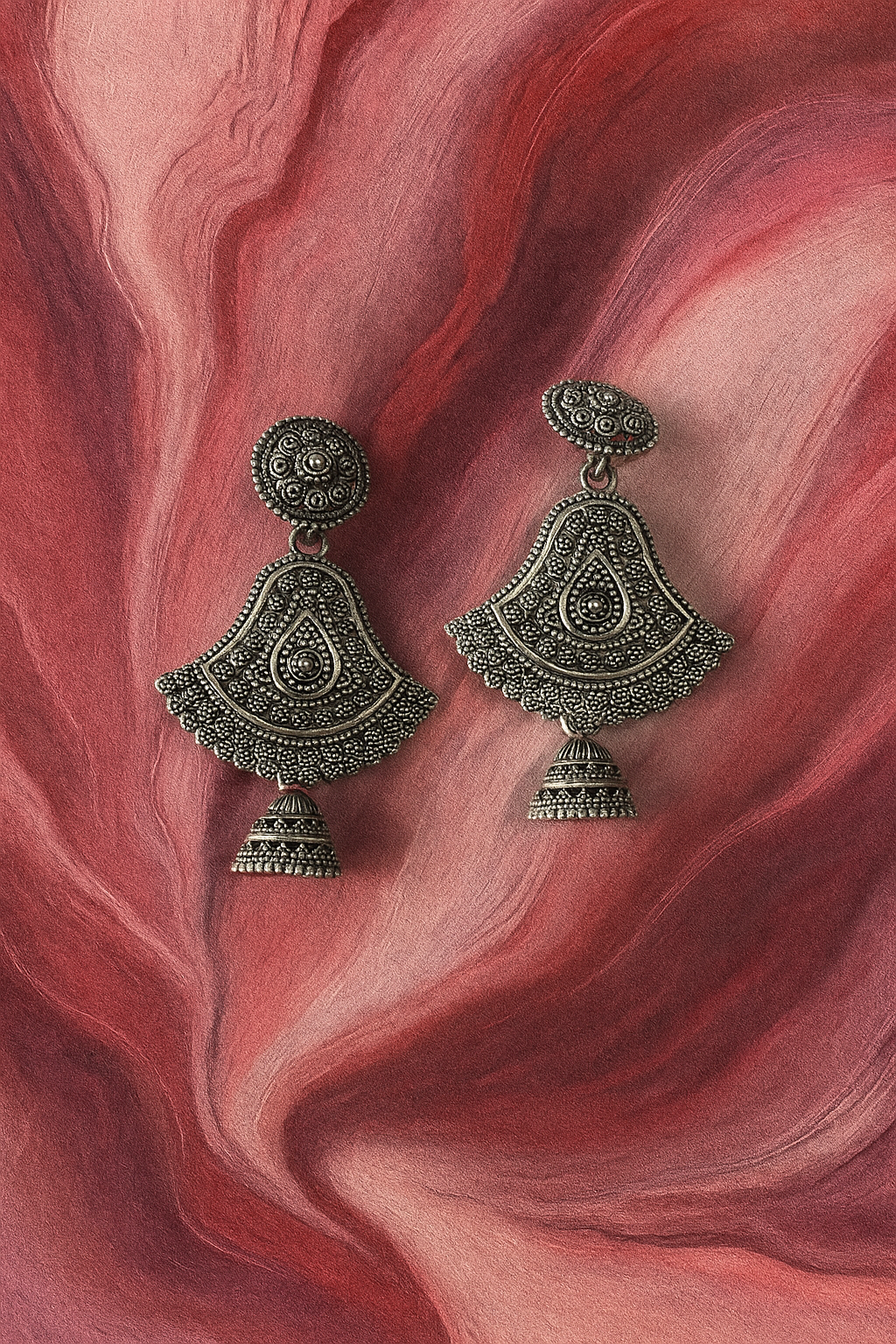Vintage Fan-Shape Oxidised Silver Statement Earrings