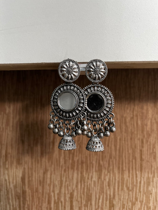 Dual Tone Oxidised Jhumka Drop Earrings