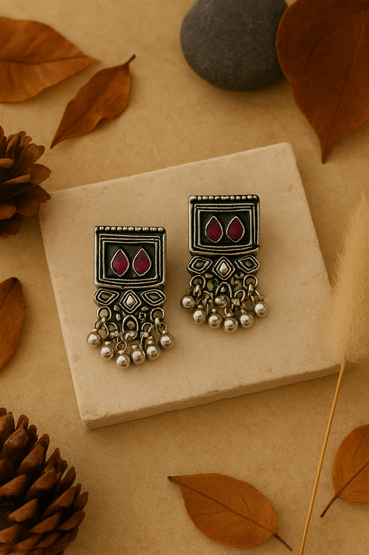 Oxidised Square Red Stone Pearl Drop Earrings