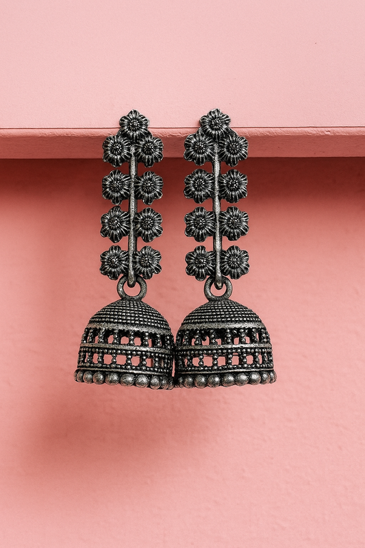 Oxidised Silver Long Floral Jhumka Earrings