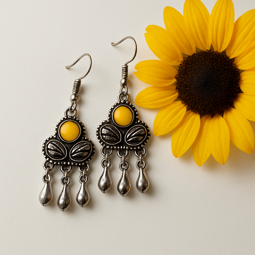 Oxidised Yellow Stone Leaf Drop Earrings