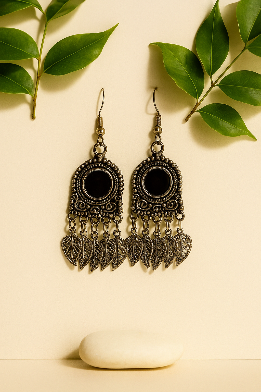 Oxidised Black Stone Leaf Drop Earrings