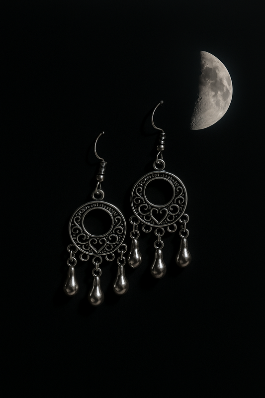 Oxidised Moon Circle Drop Earrings