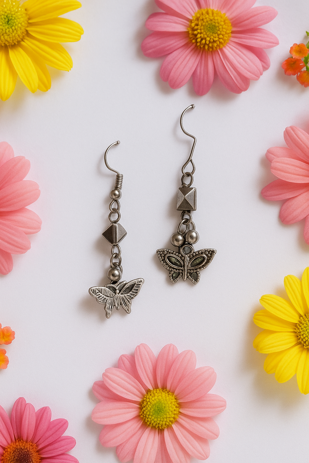 Oxidised Butterfly Charm Drop Earrings