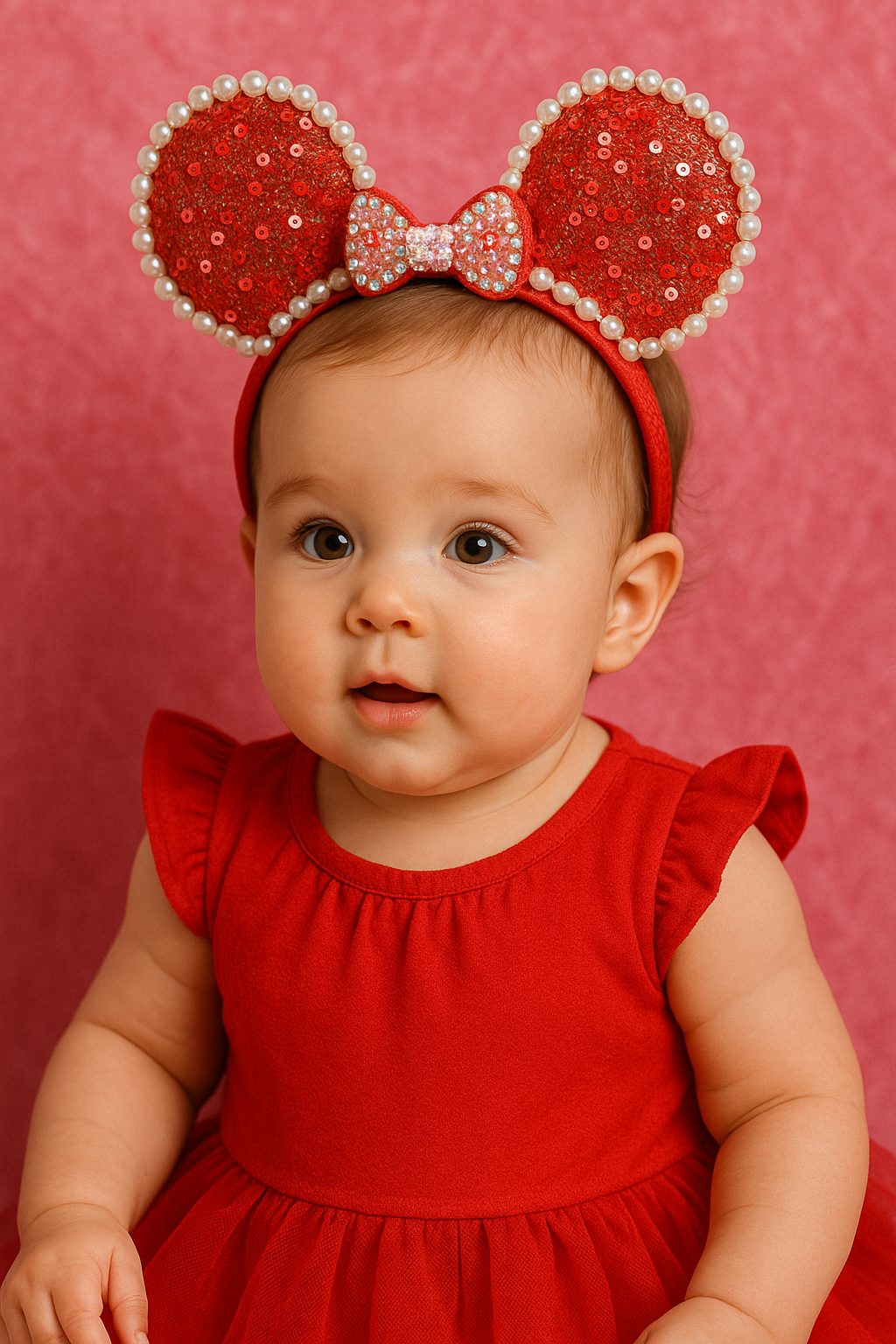 Baby Red Glitter Mouse Ear Headband – Pearl Bow Edition
