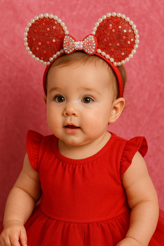 Baby Red Glitter Mouse Ear Headband – Pearl Bow Edition