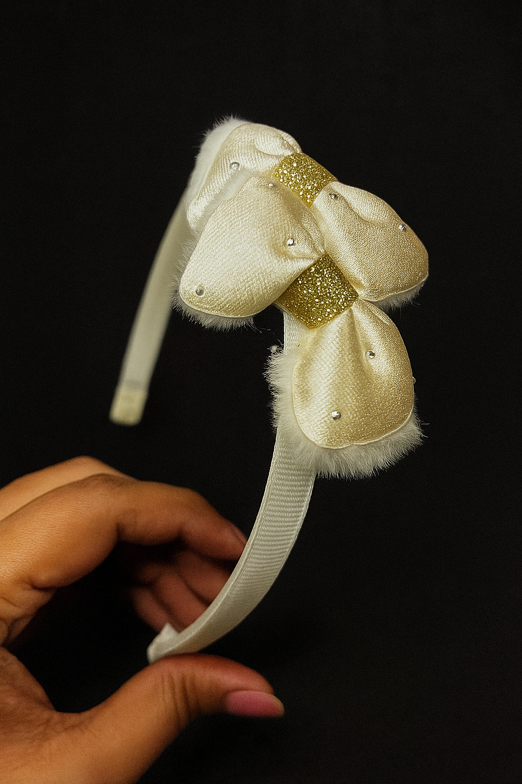 Cream Satin Bow Hair Band with Pearl Detailing | Elegant Party Hairband for Girls