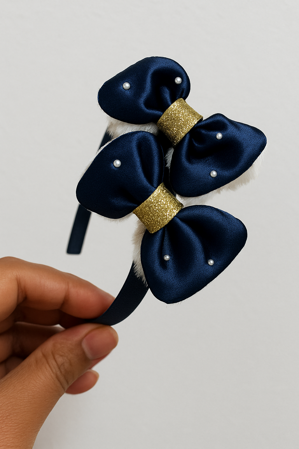 Navy Blue Satin Bow Hair Band with Pearl Detailing | Stylish Hairband for Girls