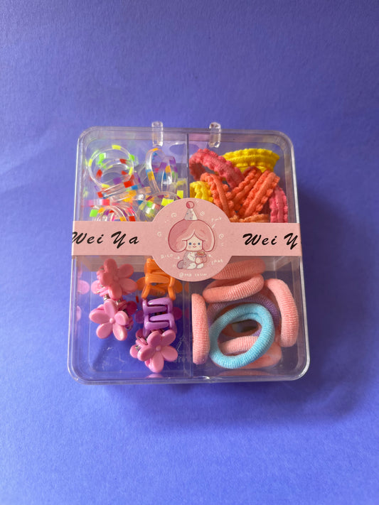 Cute Kids Hair Accessories Storage Box | Colourful Rubber Bands, Clips & Hair Pins Set