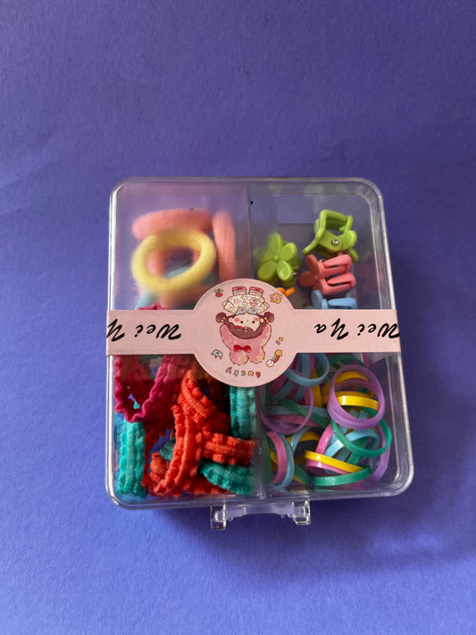 Colourful Kids Hair Accessories Box | Clips, Rubber Bands & Mini Pins Set