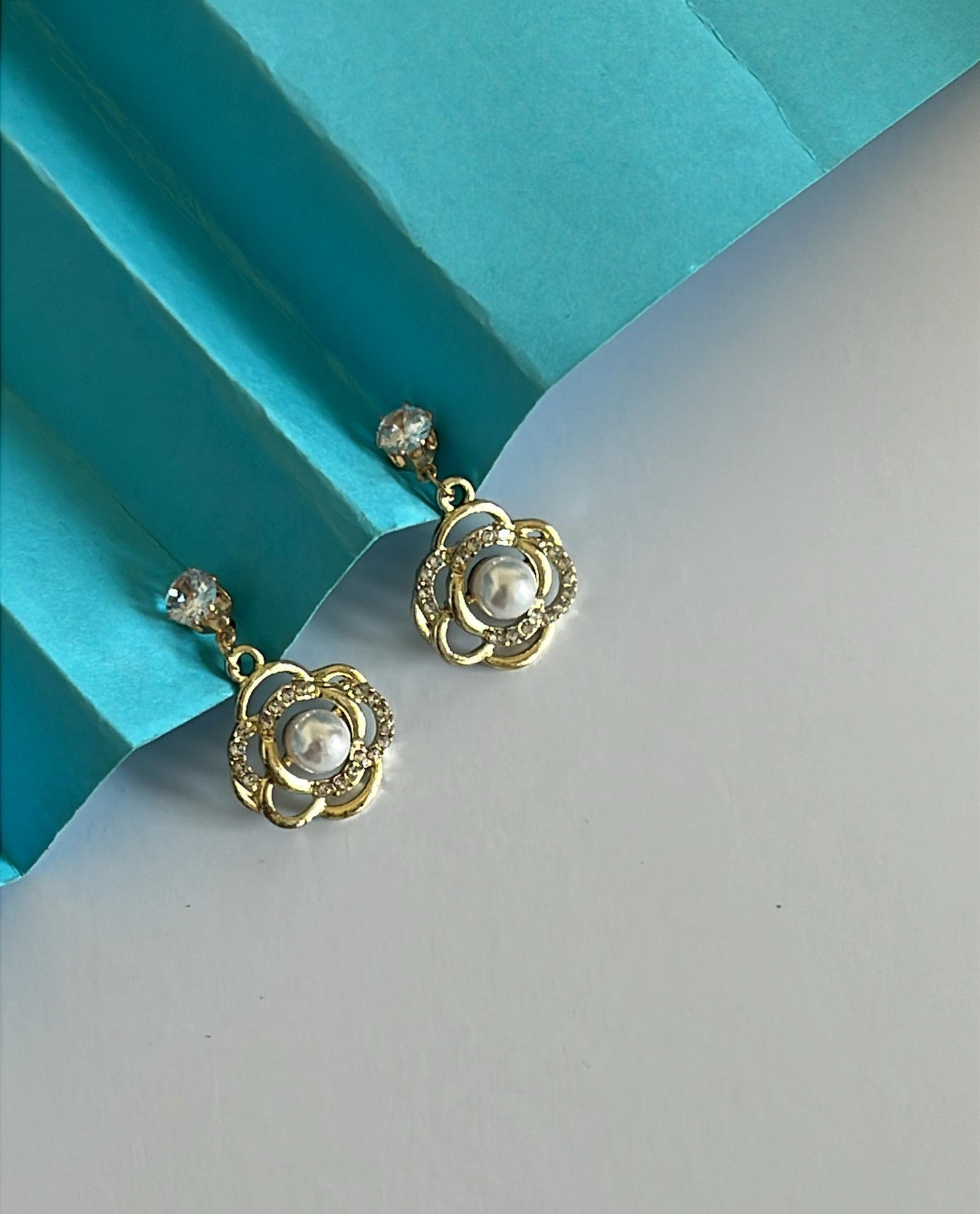 Classic Pearl Flower Drop Earrings – Gold Finish