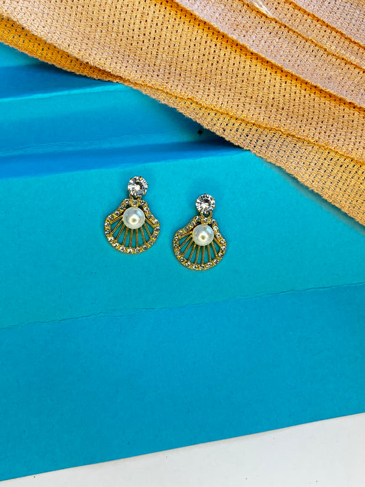 Pearl Fan Drop Earrings – Crystal Stud Gold Finish