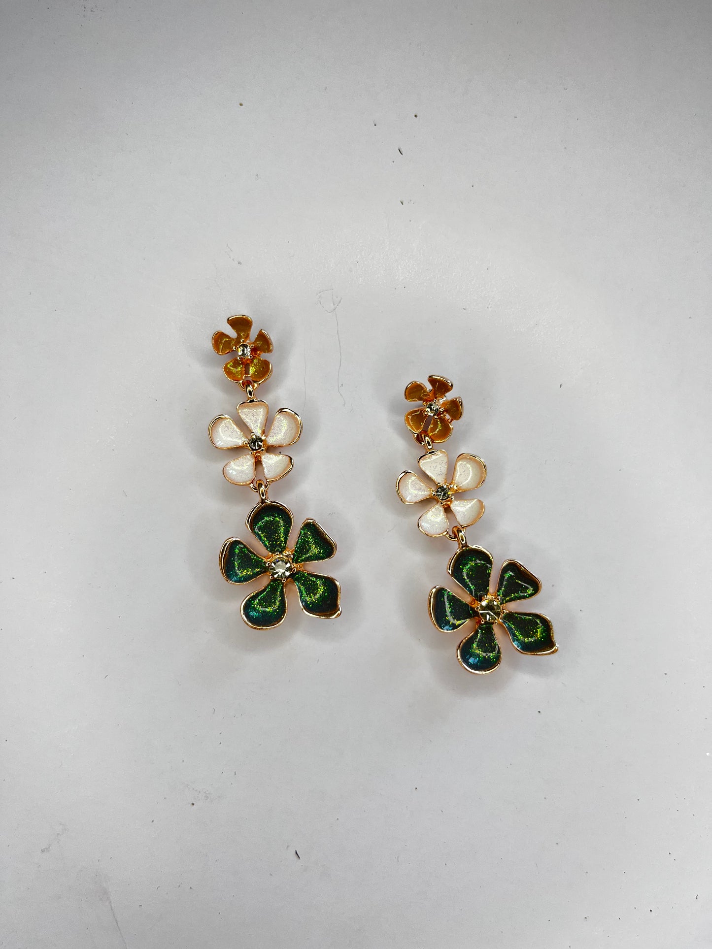 Elegant Floral Drop Earrings – White & Emerald Green