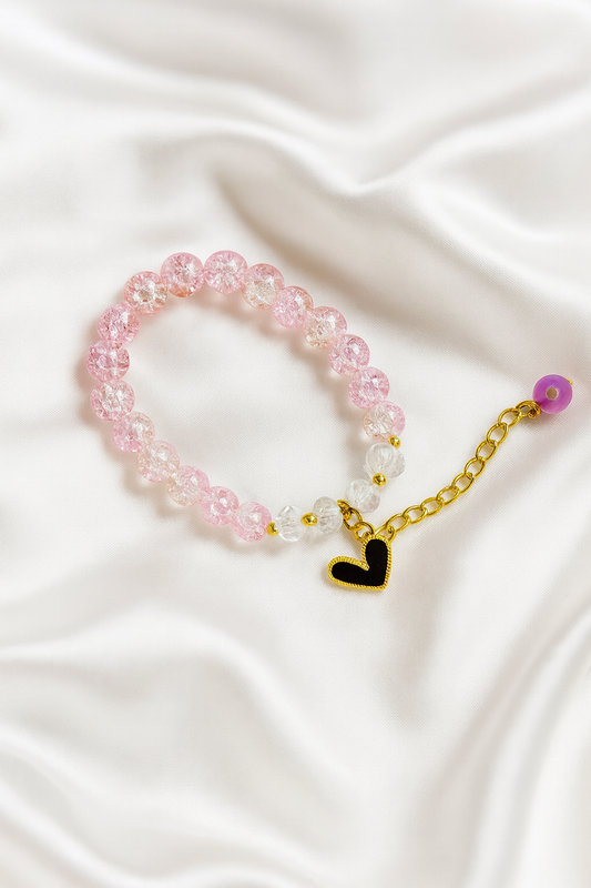Pink Crystal Beaded Bracelet with Heart Charm | Adjustable | Gift for Girls