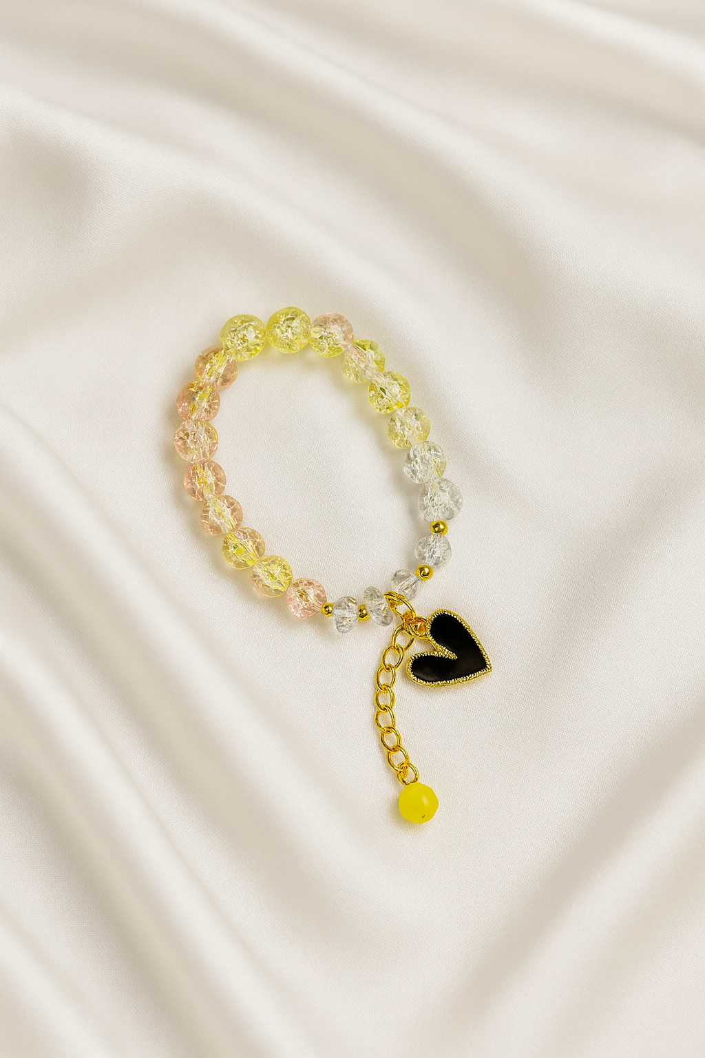Yellow Crystal Beaded Bracelet with Black Heart Charm | Adjustable Cute Bracelet for Girls
