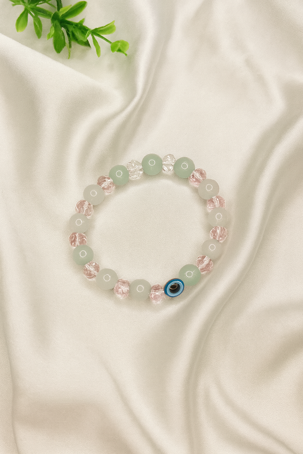 Mint Green & Pink Crystal Beaded Bracelet with Evil Eye Charm | Adjustable Bracelet for Girls
