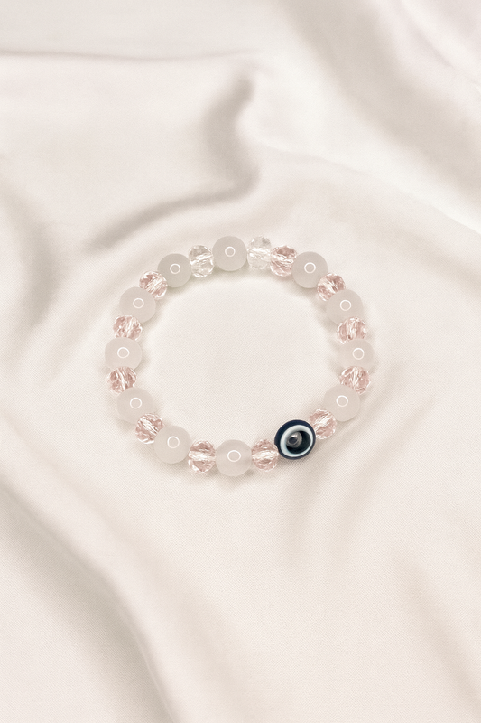 White & Pink Crystal Beaded Bracelet with Evil Eye Charm | Minimal Bracelet for Girls